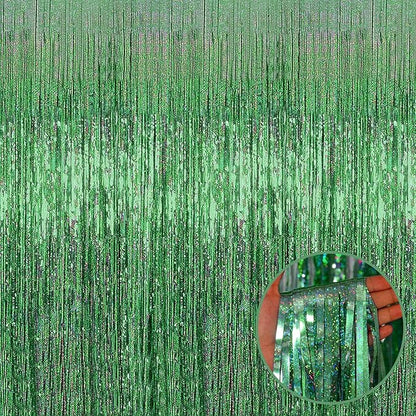 4 Pack Light Green Tinsel Foil Fringe Curtain Backdrop, 3.28Ft x 8.2Ft Metallic Streamers for Photo Booth Props Wedding Bridal Shower Bachelorette Birthday Halloween Christmas Party Decoration