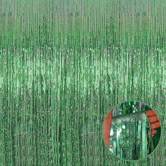4 Pack Light Green Tinsel Foil Fringe Curtain Backdrop, 3.28Ft x 8.2Ft Metallic Streamers for Photo Booth Props Wedding Bridal Shower Bachelorette Birthday Halloween Christmas Party Decoration