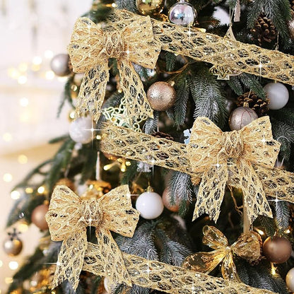 Geosar 20 Yards Gold Glitter Mesh Wired Ribbon for Christmas Tree Decorations, Gift Wrapping, DIY Craft, Xmas Wreaths, Cabinet Decor (1.5 Inch)