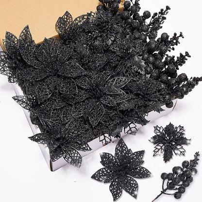 Zhuqing 22Pcs Christmas Poinsettia Artificial Flowers and Glitter Berries Stems Kit, 16Pcs Christmas Tree Flowers Ornaments and 6 Pack Christmas Tree Picks for Wedding Holiday Decorations (Black)