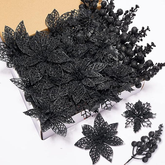 Zhuqing 22Pcs Christmas Poinsettia Artificial Flowers and Glitter Berries Stems Kit, 16Pcs Christmas Tree Flowers Ornaments and 6 Pack Christmas Tree Picks for Wedding Holiday Decorations (Black)