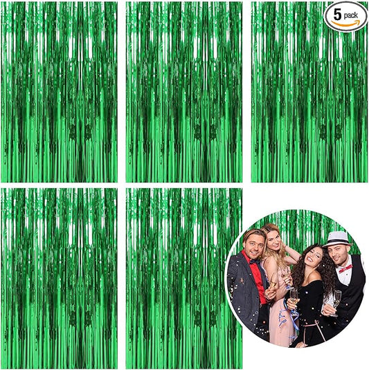 5 Pack Foil Curtain Backdrop Green Metallic Tinsel Foil Fringe Curtains Photo Booth Props for Birthday Wedding Engagement Baby Shower Bachelorette Christmas Holiday Celebration Party Decorations
