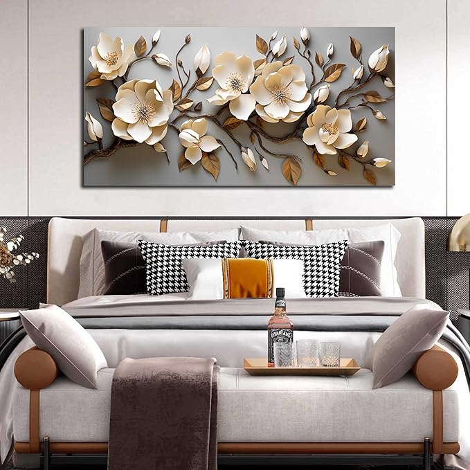 Flower Pictures Wall Art for Bedroom Modern Art Wall Decor for Bedroom White and Gold Canvas Print Wall Art Large Size 29 x 58 Inch