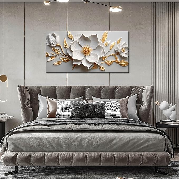 Canvas Wall Art for Living Room Bedroom Office White and Gold Flower Artwork Large Botanical Wall Art Framed Wall Decor Modern Canvas Prints 24x48 In