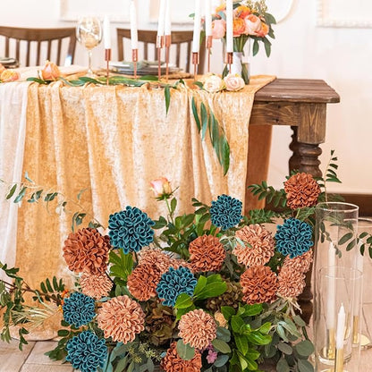 Artificial Flowers, 25pcs Realistic Artificial Rose for DIY Wedding Bouquets Centerpieces Arrangements, Shades of Terracotta and Dark Teal Dahlia Flowers with Stem for Party Home Decorations
