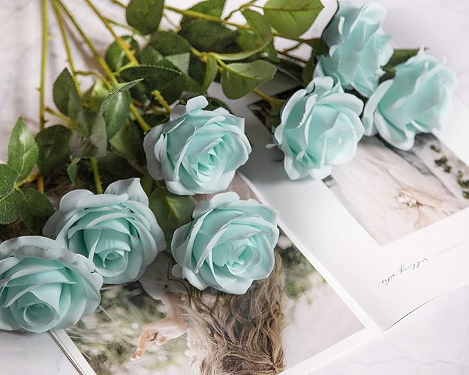 DuHouse 10pcs Fake Roses Artificial Silk Flowers Faux Rose Flower Long Stems Bouquet for Arrangement Wedding Centerpiece Party Home Kitchen Decor(Teal Blue)