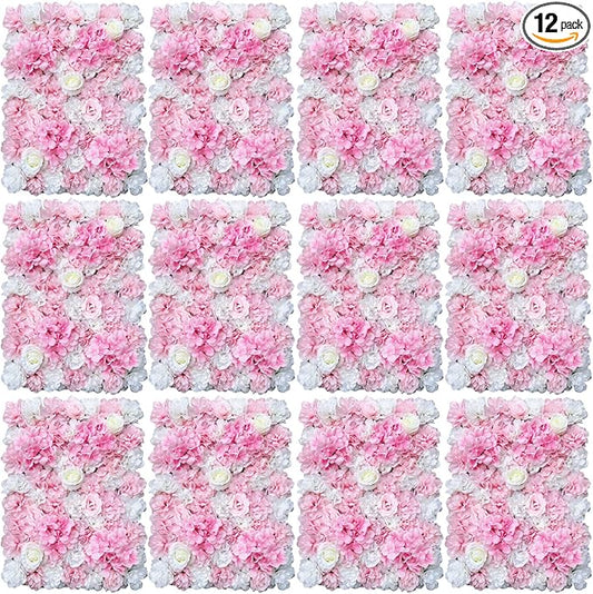 16"x 24" Artificial Flower Wall Panels,Flower Wall Mat Silk Flower Panels for Outdoor Garden Backyard Fence Fence Privacy Screen and Indoor Wall Decor(12Pcs Pink+White,Style 2)