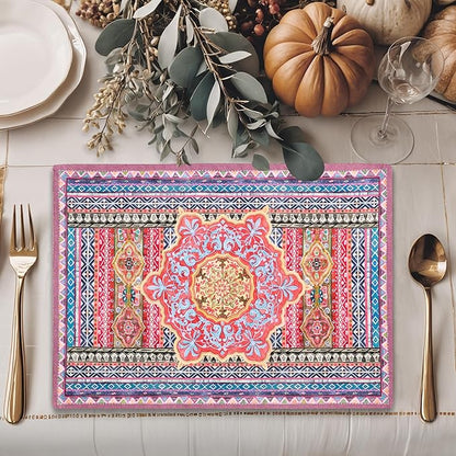 Maison d' Hermine Placemats Set of 4 100% Cotton Washable Cloth Place Mats, Reusable Table Mats for Thanksgiving Christmas Decorations Kitchen Dining Party Wedding Restaurant (Ispahan, 13" x 19")