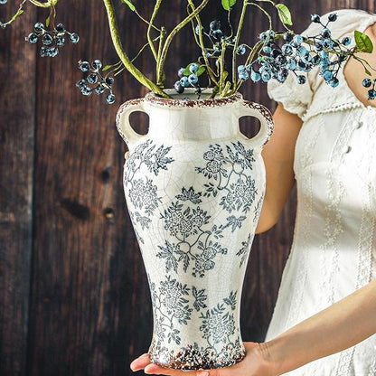 Enra Vintage vase with Handle,12.6 inch Blue and White Ceramic Decorative Flower vase, Chinoiserie Floral Vase,Large Rustic Vases for Home Decors, Living Room, Bookshelf, Office