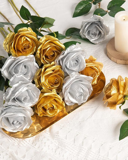 DuHouse 10pcs Silk Roses Artificial Flowers Fake Rose for Arrangement Wedding Party Home Decoration (Silver)