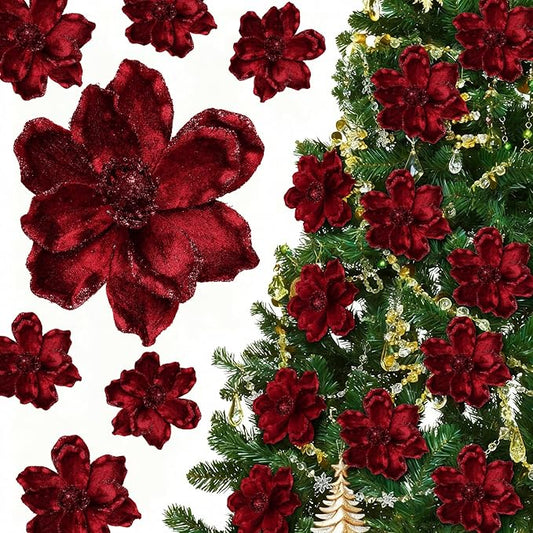 20 Pcs Christmas Glitter Poinsettia Magnolia Flowers Ornaments Large Heads Artificial Magnolia Flowers for Christmas Tree Xmas Wreath Holiday Wedding Decor (Fuchsia)