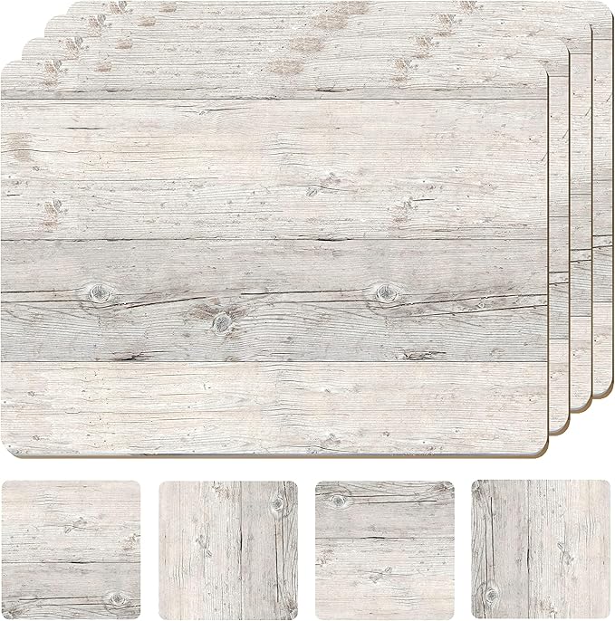 Set of 4 Heat Resistant Cork Placemats for Dining Table with Free Set of 4 Matching Drink Coasters Cork Wood Design Print 16 x 12 Inches Cork Backed Hard Placemats (White Driftwood)