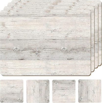 Set of 4 Heat Resistant Cork Placemats for Dining Table with Free Set of 4 Matching Drink Coasters Cork Wood Design Print 16 x 12 Inches Cork Backed Hard Placemats (White Driftwood)