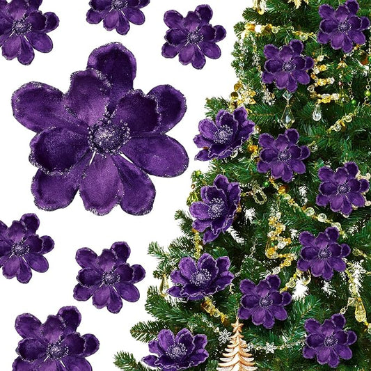 20 Pcs Christmas Glitter Poinsettia Magnolia Flowers Ornaments Large Heads Artificial Magnolia Flowers for Christmas Tree Xmas Wreath Holiday Wedding Decor (Purple)