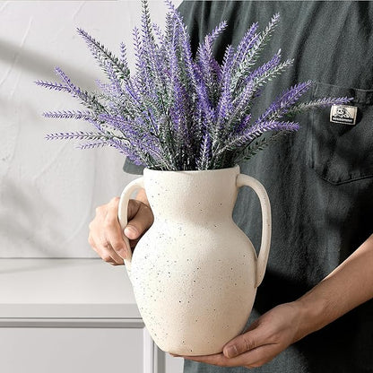 White Ceramic Rustic Vase with 2 Handles, Farmhouse Round Flower Vase, Vintage Terracotta Vases for Home Decor, Wedding, Living Room, Table, Shelf Decor - 8.6 Inch Tall, Speckled White