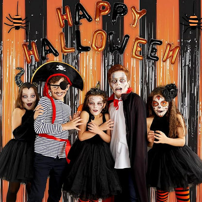 Melsan Halloween Decorations Tinsel Backdrop Foil Fringe Curtains, 3.2 ft x 8.2 ft Black Orange Metallic Foil Curtains for Halloween Party Photo Booth Props Decorations, 2 Pack