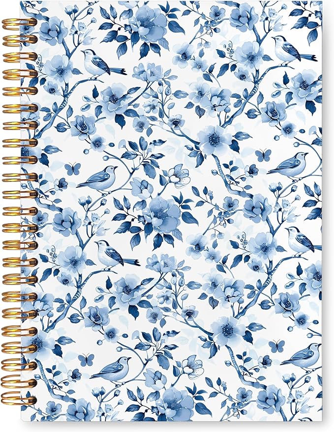 VIIJJUE Chinoiserie Blue and White Porcelain Notebook Journal, Blue Flowers Notebooks for Note Taking, Hardcover Spiral Journal 5.5x8.3 Inch