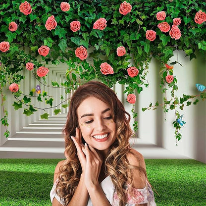 Rose Flowers Backdrop Red Rose Flowers and Green Leaves with Butterflies Photography Background Spring Alley Green Grass Backdrops Outdoor Wedding Party Decorations Photo Studio Props 12x8ft