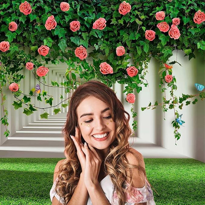 Rose Flowers Backdrop Red Rose Flowers and Green Leaves with Butterflies Photography Background Spring Alley Green Grass Backdrops Outdoor Wedding Party Decorations Photo Studio Props 7x5ft