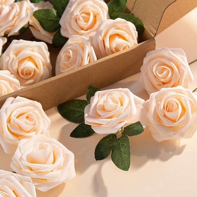 Artificial Flower Foam Rose 25pcs Real Looking Fake Rose with Stems Leaves for Home Decoration Party Garden Centerpieces DIY Wedding Bouquets（Blush）