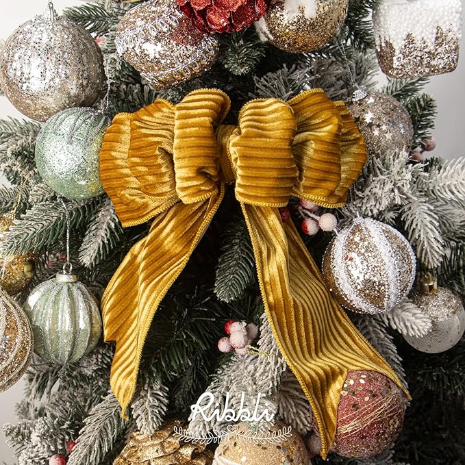 Ribbli Glossy Gold Velvet Wired Ribbon 4 Inch Striped Velvet Christmas Ribbon for Gift Wrapping Christmas Tree Decoration Crafts Wreaths Supplies-Continuous 10 Yards