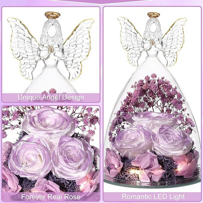 Christmas Rose Gifts for Women Preserved Real Flower in Glass Angel Figurines Roses for Delivery Prime Birthday Gifts for Mom Grandma Girlfriend Wife Her, Pearlescent Purple
