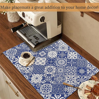 Blue Folk Ethnic Placemats Set of 6 Place Mats for Kitchen Table Washable Farmhouse Linen Table Mats Dining Decoration 12x18 Inch