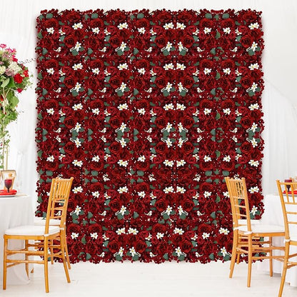 Pack of 12 Artificial Silk Flower Panels, Faux Floral Wall Background for Wedding Party Engagement Bridal Shower Arrangement Home Decorations - Burgundy