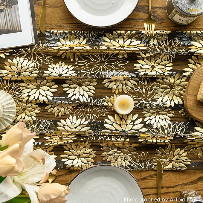 Artoid Mode 3PCS Black Gold Dahlia Flower Gauze Table Runner 120 Inch 10FT, Glitter Metallic Foil Seasonal Sheer Dining Holiday Table Decor for Home Party