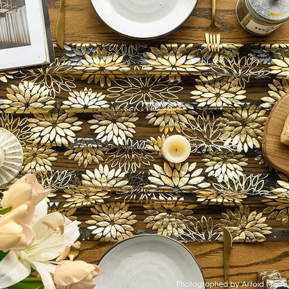 Artoid Mode 3PCS Black Gold Dahlia Flower Gauze Table Runner 120 Inch 10FT, Glitter Metallic Foil Seasonal Sheer Dining Holiday Table Decor for Home Party