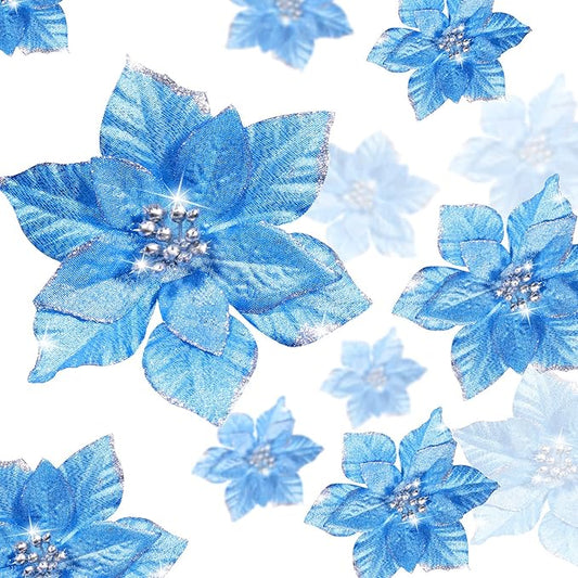 WILLBOND 24 Pcs 3 Size Poinsettia Flower Artificial Christmas Decor Glitter Poinsettia Christmas Ornaments Faux Flowers for Xmas Tree Outdoor(3.2/4/6 Inches,Blue)