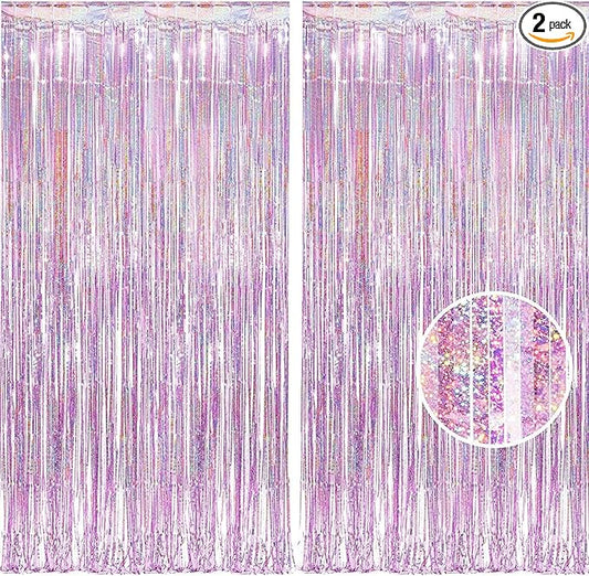 BRAVESHINE Pink Streamers Tinsel Foil Fringe Curtains - 2Pcs 3.2x8.2ft Metallic Party Backdrop for Christmas/New Year/Snowflake/Girl/Princess/Birthday/Bridal Shower/Bachelorette/Engagement Decorations