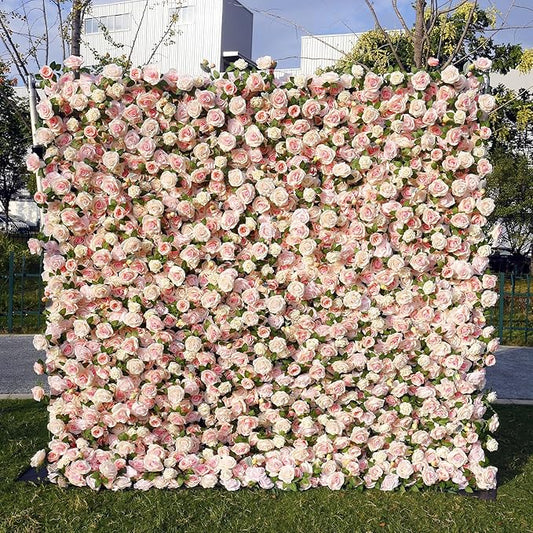 8×8 ft Artificial Pink Flower Wall Backdrop with Backdrop Stand, 2pcs 4×8 ft Panels, Assembly-Friendly Floral Backdrop for Weddings, Events, Studios & Window Displays