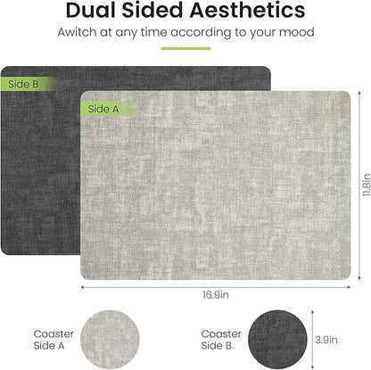 Placemats Set of 6, Faux Leather Heat Resistant Wipeable Placemats, Dual Sided Waterproof Washable Table Mats with Coaster, Suitable for Kitchen, Dining, Table Decor(6, Black Light Gray)