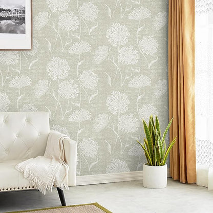 Safiyya Peel and Stick Wallpaper Faux Grasscloth Floral Contact Paper Beige Fabric Wall Paper Modern Linen Neutral Self Adhesive Removable Wallpaper for Bedroom 78.7"x17.3" Vinyl Rolls