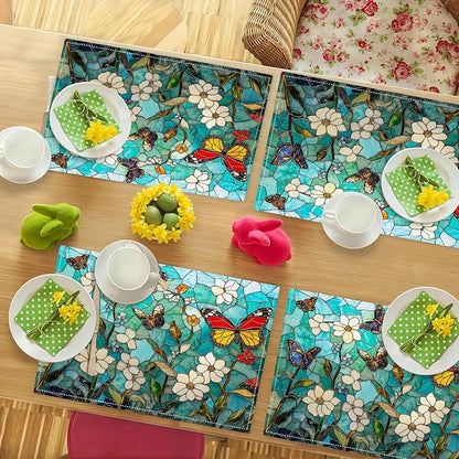Butterfly Teal Placemats Set of 4, Colorful Stained Glass Place Mats, Rustic Flowers Dining Table Mats, Washable Placemats for Kitchen Dining Room Home Decor 18L'' × 12W''