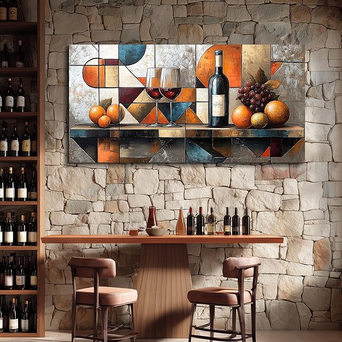 hyidecorart Canvas Wall Art For Kitchen Wall Decor For Living Room Dining Room Decorations Wine Glass Fruit Painting Still Life Geometry Abstract Picture Artwork Pub Posters Home Decor 20"x40"