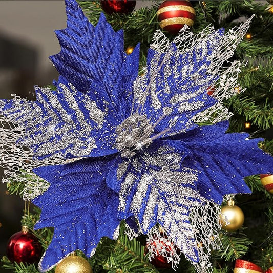 10'' Large Christmas Glitter Poinsettia Flowers Decorations, stadeco 10 Pcs Christmas Tree Picks Ornaments Artificial Flowers with Long Stems for Xmas Tree Wreath Garland Wedding Party DIY Decor