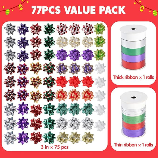 JOYIN 75PCS Christmas Bows Assortment with 2 Rolls of Curling Ribbons,5 Colors Self Adhesive Gift Bows for Gift Wrapping, Birthday Wedding Easter Xmas Presents Boxes Decoration
