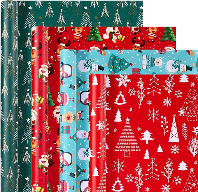 Christmas Wrapping Paper (4 Rolls, 93 sq. ft. ttl): Funny Snowmen, Snowflakes, Reindeer, Bear, Christmas Trees and Santa Claus with Gifts Design for Holiday Gift Wrap- 17 Inches x 16.5 Feet Per Roll