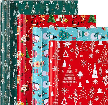 Christmas Wrapping Paper (4 Rolls, 93 sq. ft. ttl): Funny Snowmen, Snowflakes, Reindeer, Bear, Christmas Trees and Santa Claus with Gifts Design for Holiday Gift Wrap- 17 Inches x 16.5 Feet Per Roll