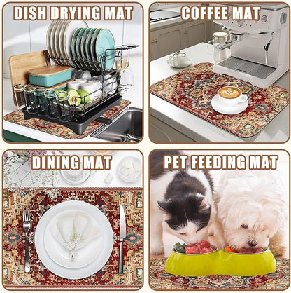 Boho Dish Drying Mat Persian Tribal Coffee Bar Mat for Countertop Absorbent Rubber Backed Hide Stain Dish Drainer Rack Pad Espresso Machine Coffee Pot Dining Room Decoration 15.7 x 23.6 Inch