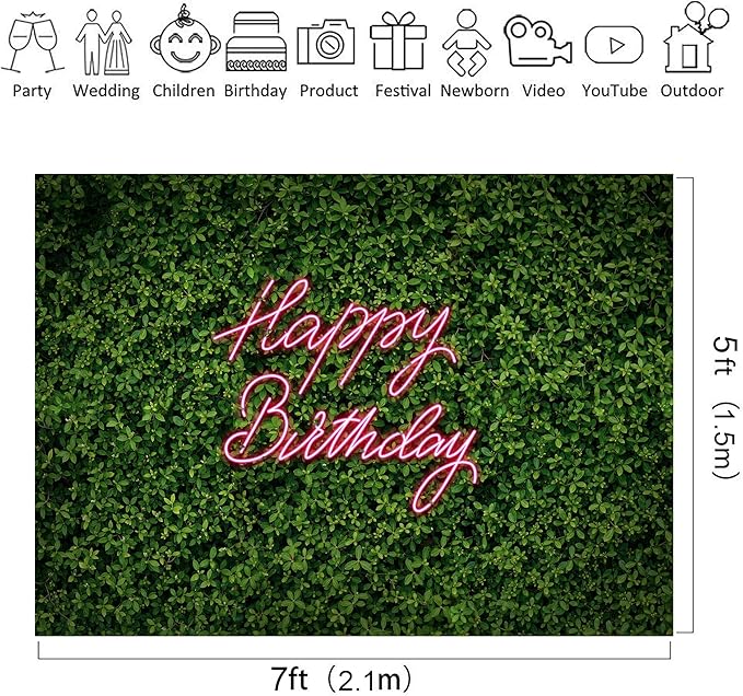 Riyidecor Happy Birthday Backdrop for Women Green Leaves Grass Leaf Girls Spring Plant 7Wx5H Feet Nature Neon Pink Photography Background Birthday Party Decoration Photo Studio Shoot Polyester Fabric
