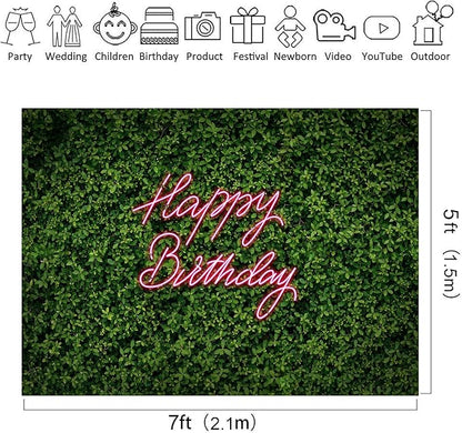 Riyidecor Happy Birthday Backdrop for Women Green Leaves Grass Leaf Girls Spring Plant 7Wx5H Feet Nature Neon Pink Photography Background Birthday Party Decoration Photo Studio Shoot Polyester Fabric