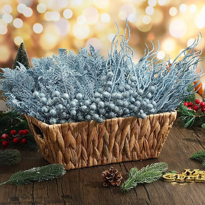 75 Pcs Christmas Glitter Branches 3 Styles Artificial Christmas Picks Berries Stems Pine Needles Floral Twig Spray for Xmas Tree Ornaments DIY Wreath Garland(Lake Blue)