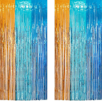 Orange Blue Party Streamers Backdrop - GREATRIL Tinsel Fringe Curtain for Blue Dogs Themed Birthdays Decoration 2 Packs