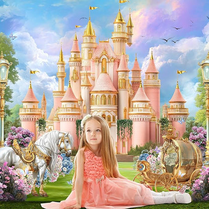 Riyidecor Princess Castle Backdrop Polyester Fabric Fairy Tale Horse Carriage Garden Floral 7Wx5H Feet Wonderland Photography Background Wedding Birthday Photo Studio Shoot