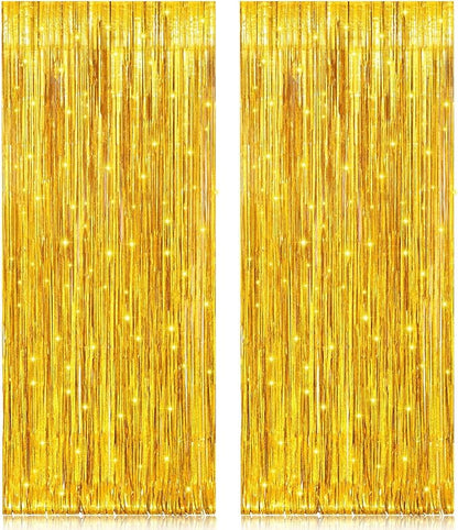 2 Pack 3.2ft x 8.2ft Gold Metallic Foil Curtains, Big Laser Glitter Fringe Rain Curtain Photo Booth Backdrop Tinsel Curtain Streamer for Birthday Wedding Graduations Christmas Event Party Supplies