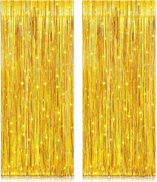 2 Pack 3.2ft x 8.2ft Gold Metallic Foil Curtains, Big Laser Glitter Fringe Rain Curtain Photo Booth Backdrop Tinsel Curtain Streamer for Birthday Wedding Graduations Christmas Event Party Supplies