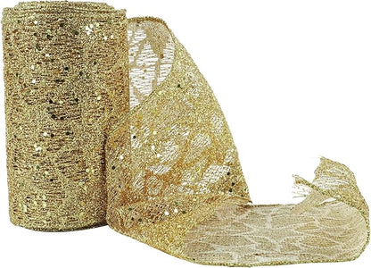 MEEDEE 6 Inch Wide Wired Ribbon Gold Glitter Mesh Web Wired Edge Ribbon by 10 Yards Roll Gold Mesh Wired Ribbons for Christmas Tree, Garland, Holiday Crafts, Wreaths, Bows, Centerpiece, Gift Wrapping